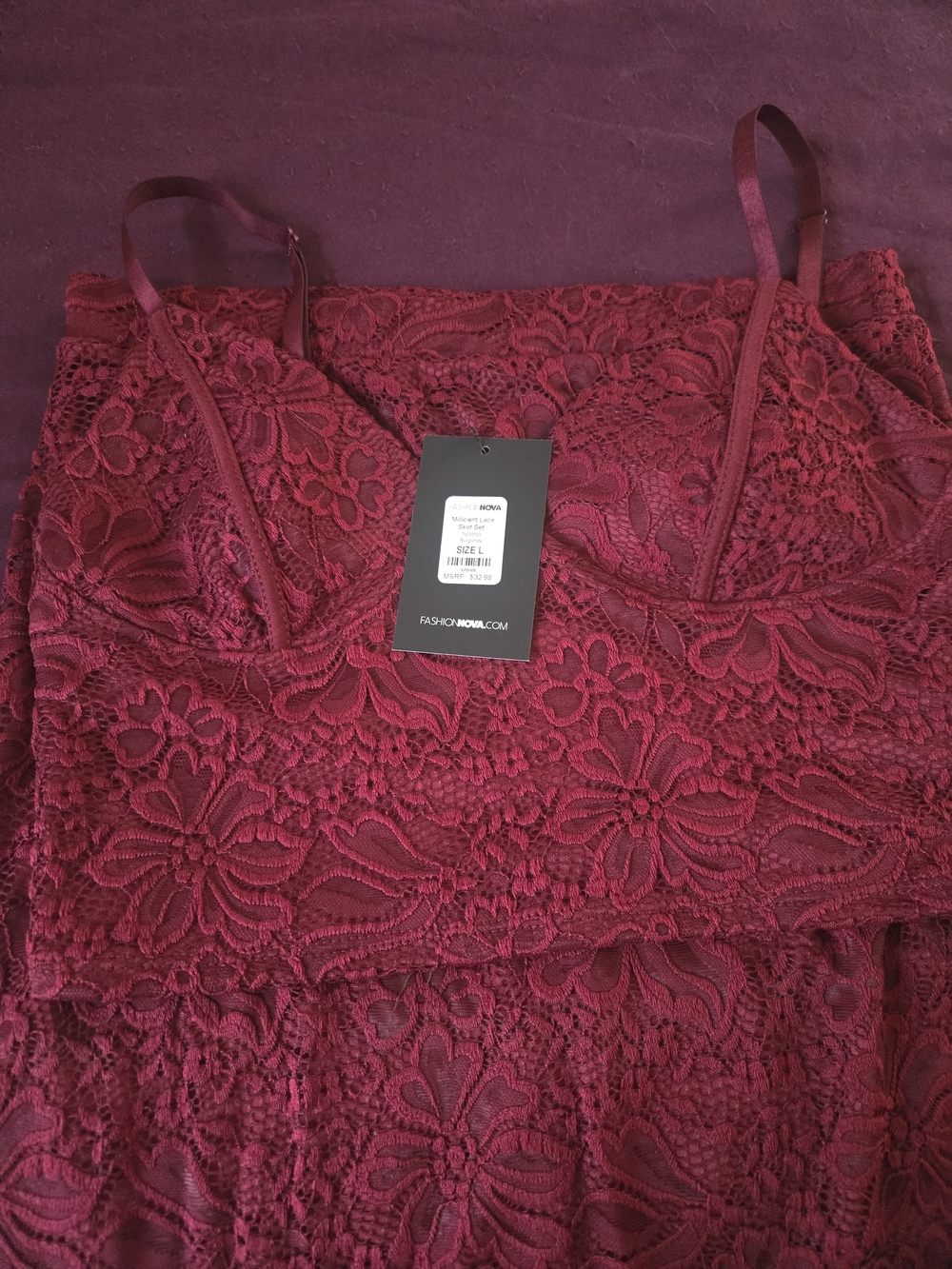 Fashion Nova Burgundy Lace Skirt Set